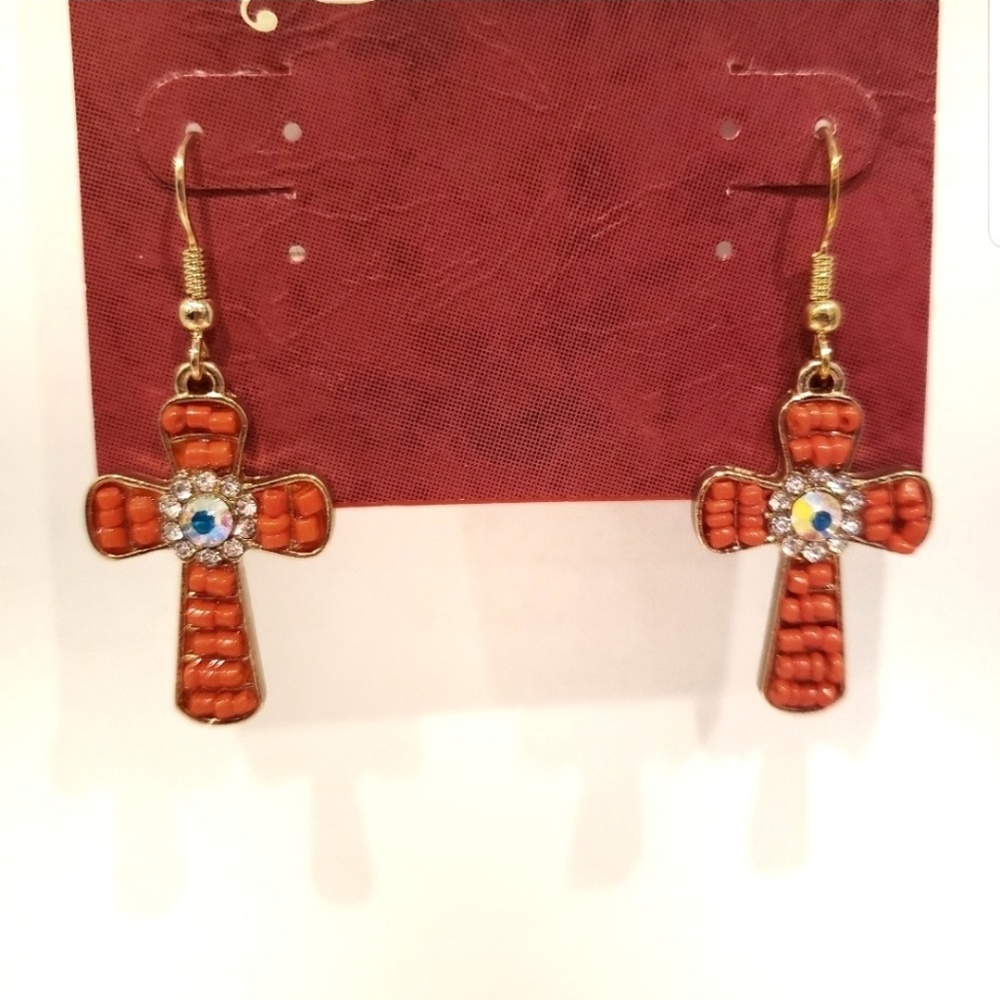 Orange bead cross earrings